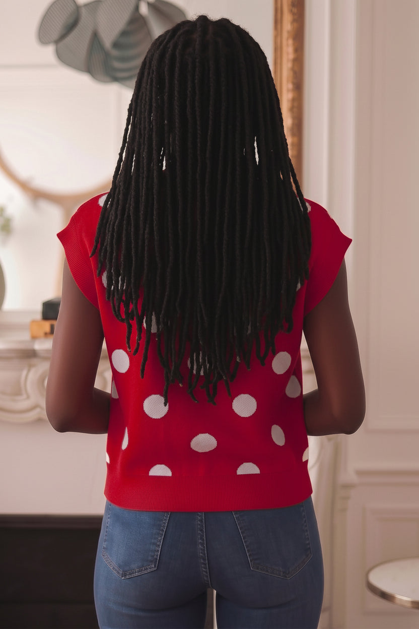 Red Relaxed Polka Dot Print Decorated Button Sweater Vest
