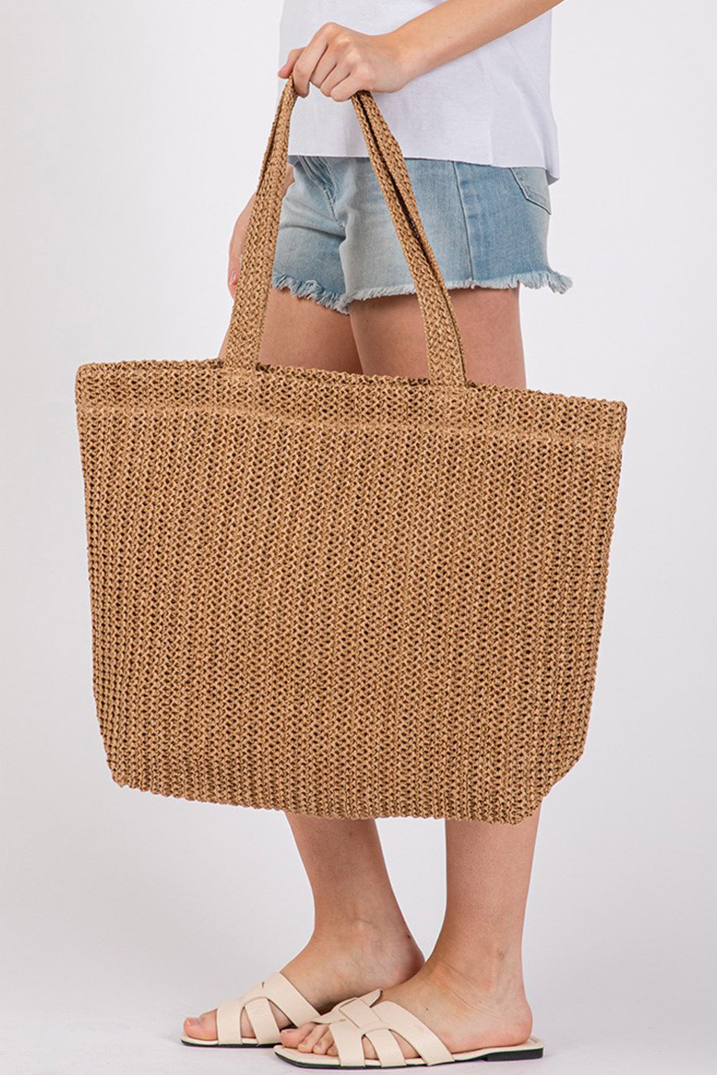 Parchment Solid Color Straw Woven Summer Beach Tote Bag