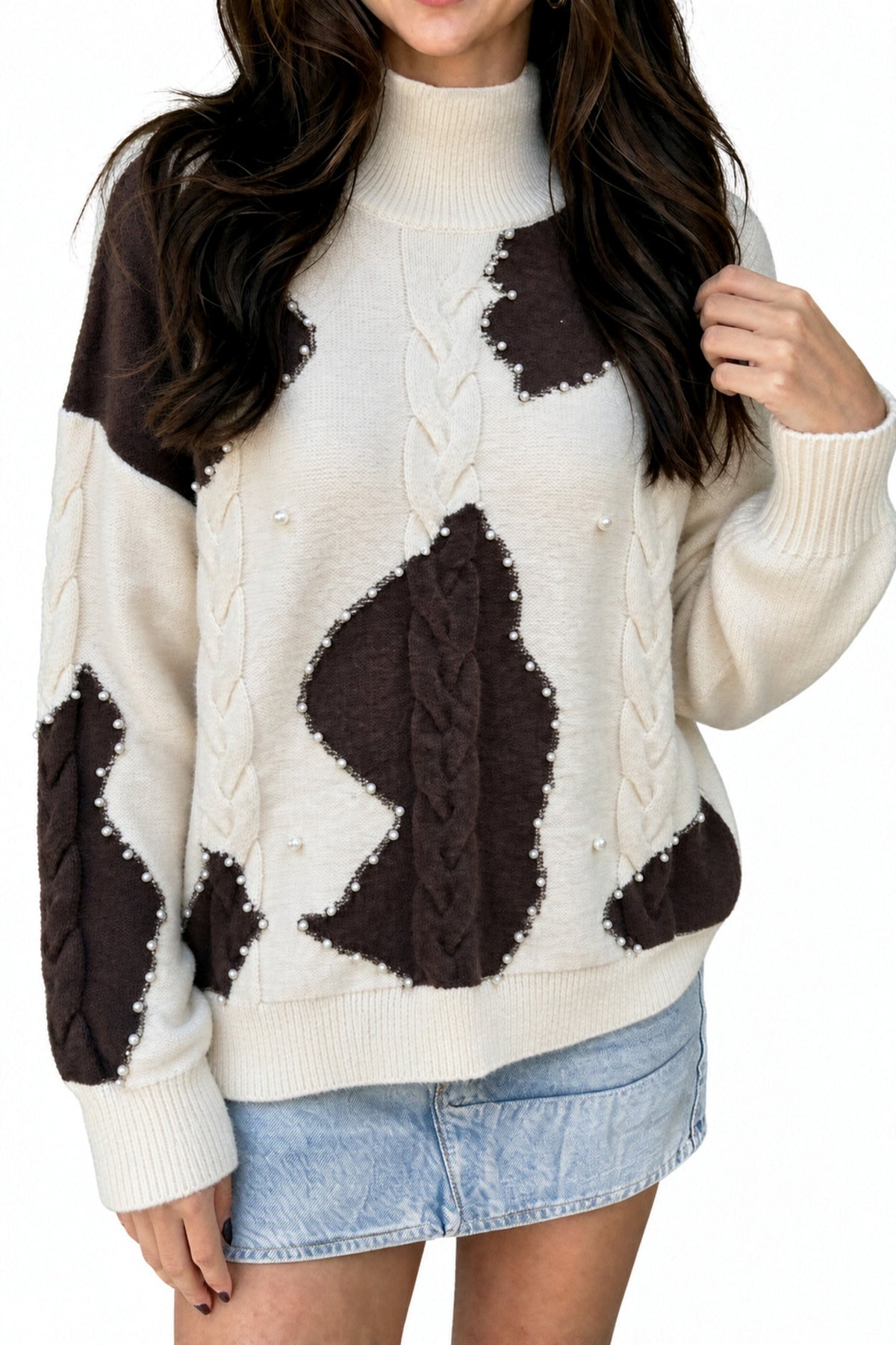 Beige Cable Detail Knit Beaded Western Spots Casual Sweater
