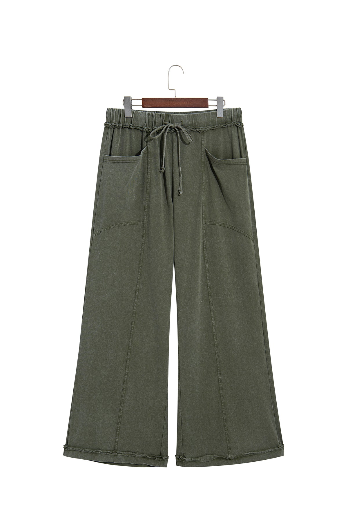 Jungle Green Mineral Wash Seam Detail Flare Leg Drawstring Pants