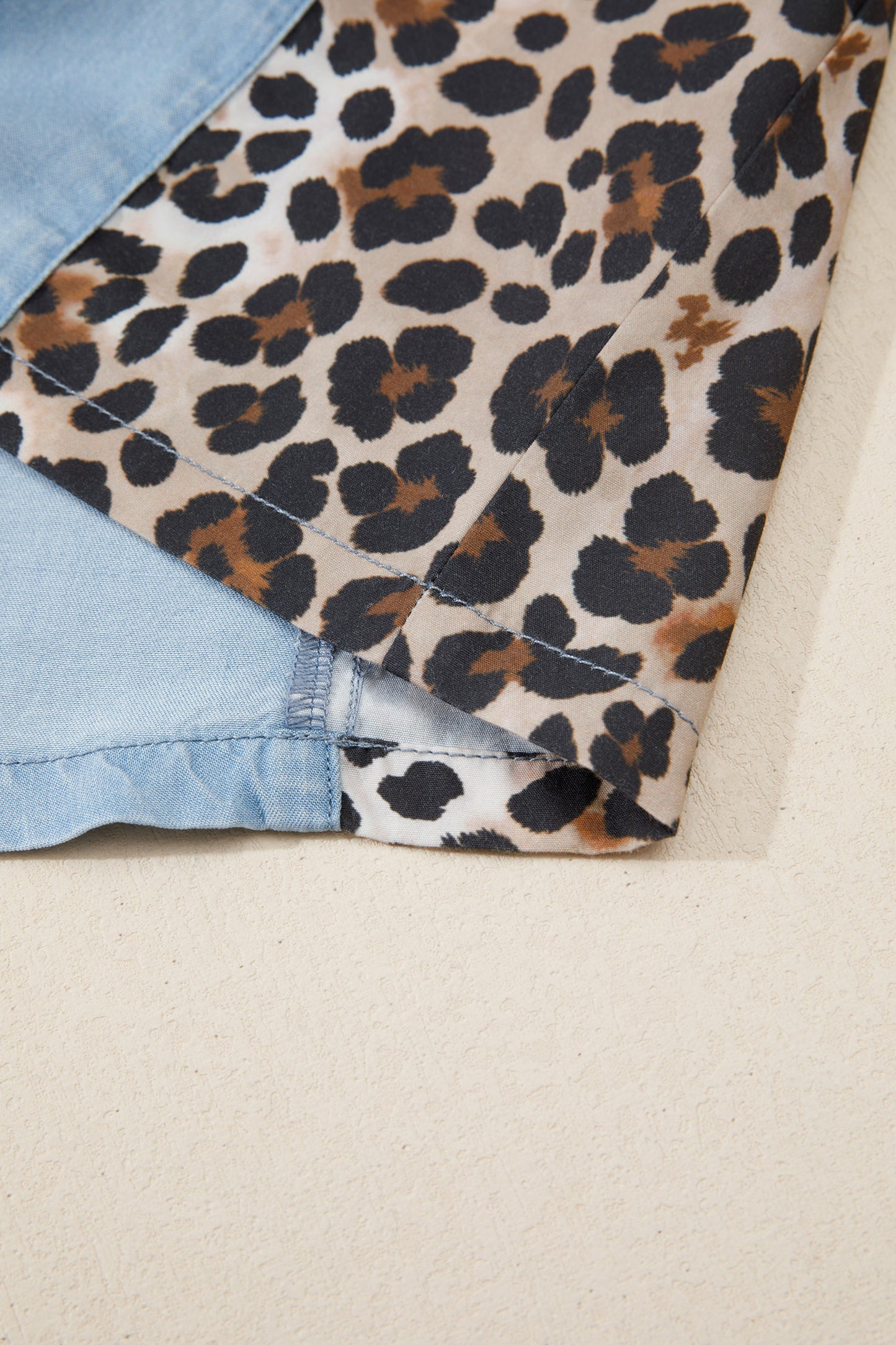 Myosotis Denim Color Block Leopard Patchwork Shirt Collar T Shirt Mini Dress