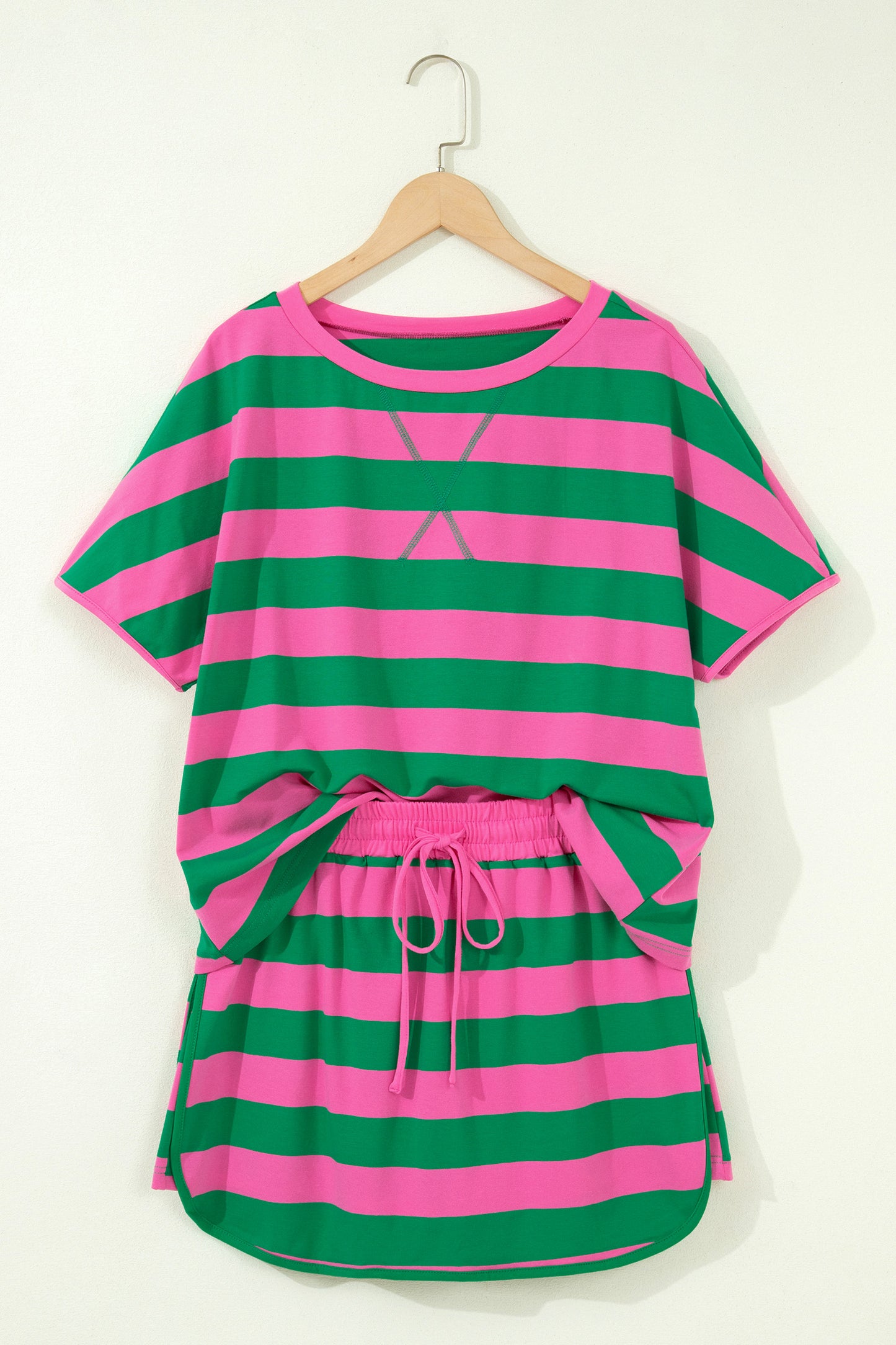 Pink Stripe Dolman Tee Drawstring Skort Athletic 2pcs Set