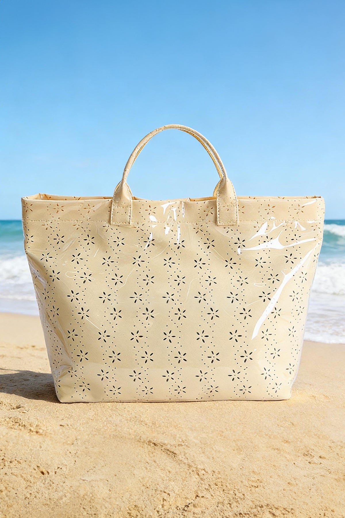 Orchid Eyelet Flower Pattern PVC Glossy Waterproof Tote Bag
