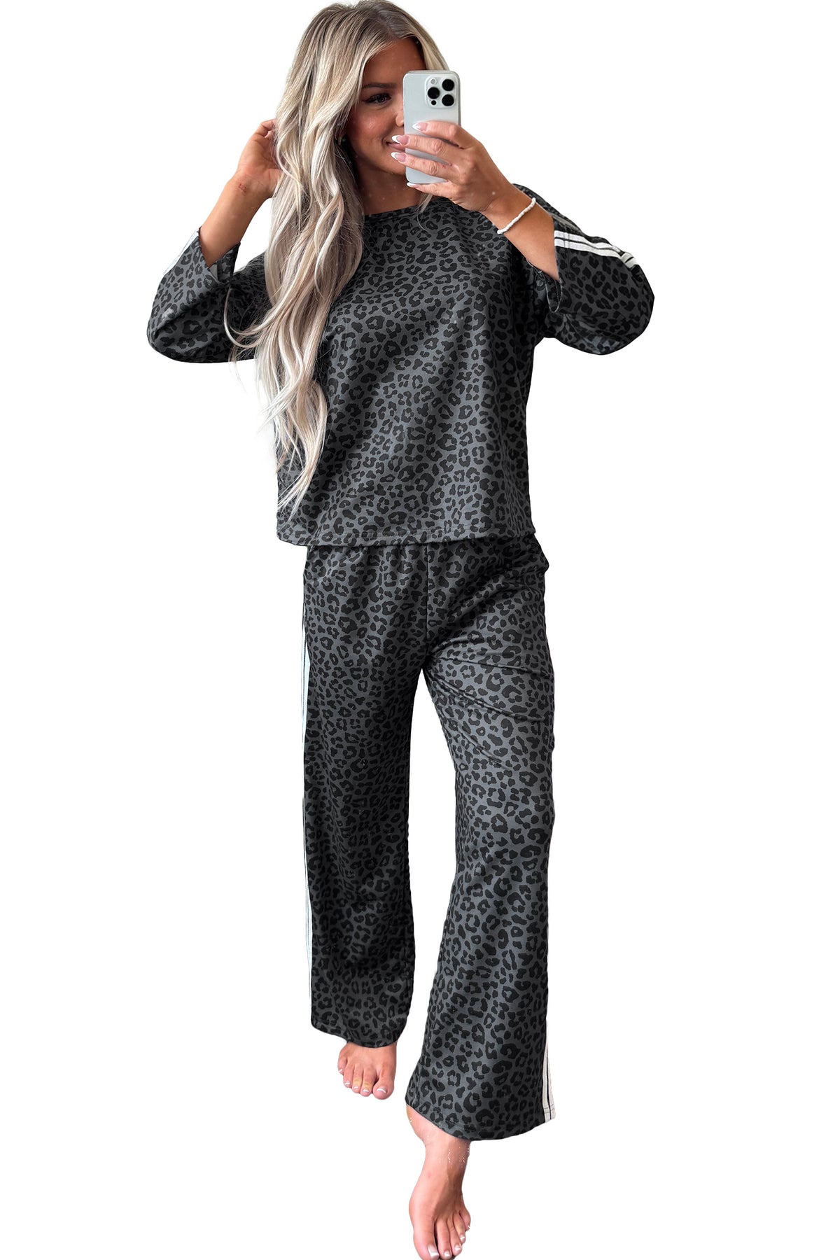 Gray Leopard Print Varsity Striped Detail 3/4 Sleeve Top Shift Pant Set