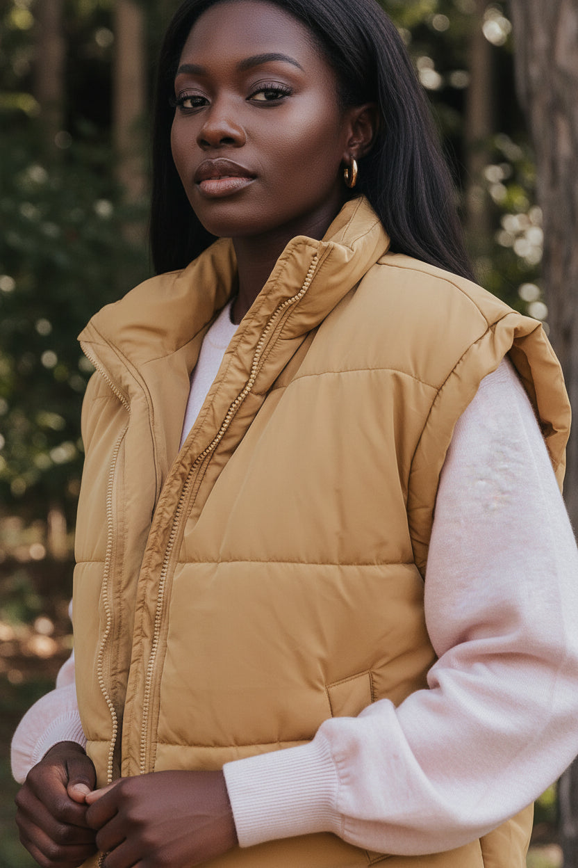 Khaki Oversized Stand Collar Zip Winter Vest