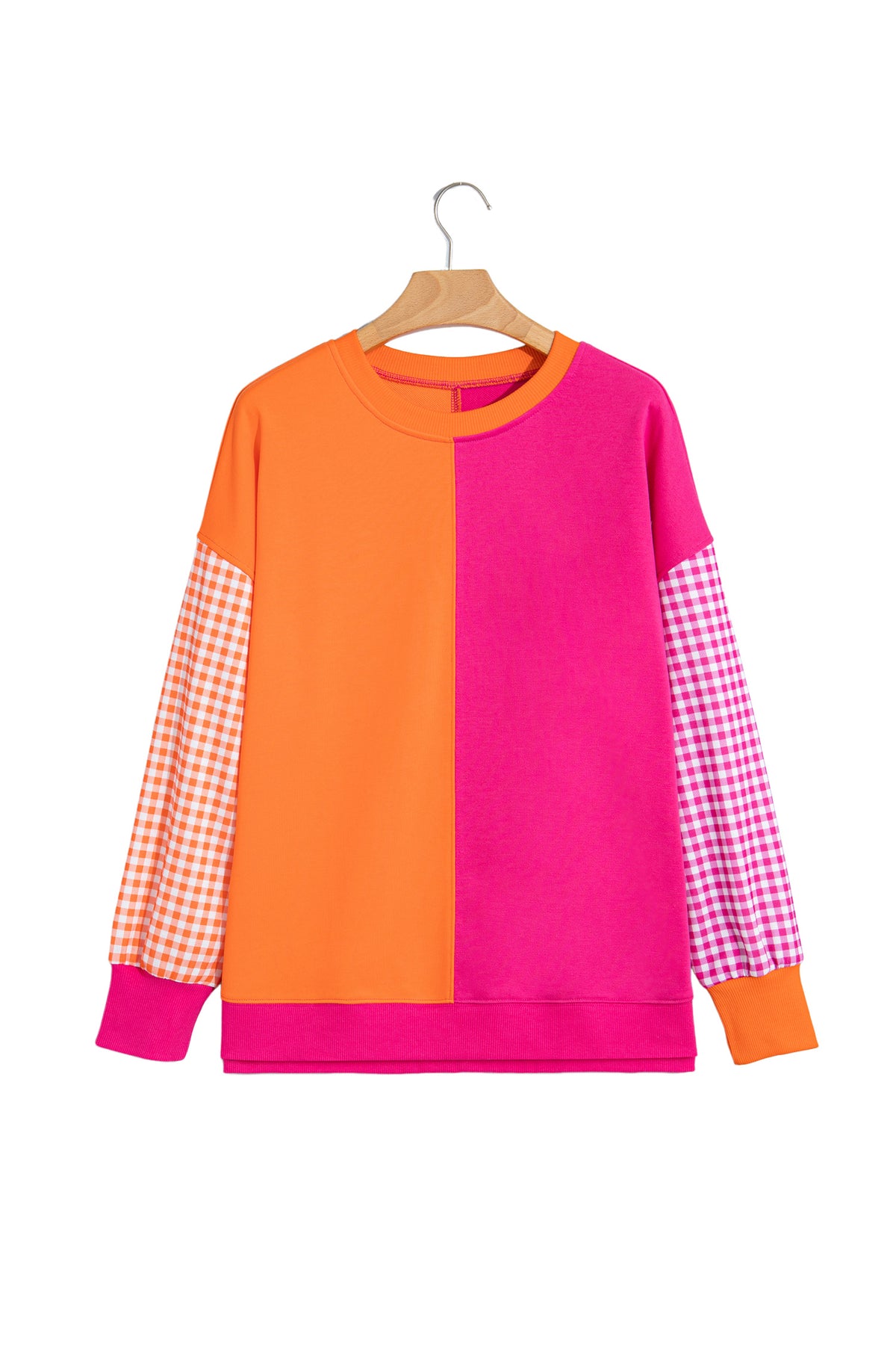 Rose Red Colorblock Gingham Sleeve Crewneck Sweatshirt