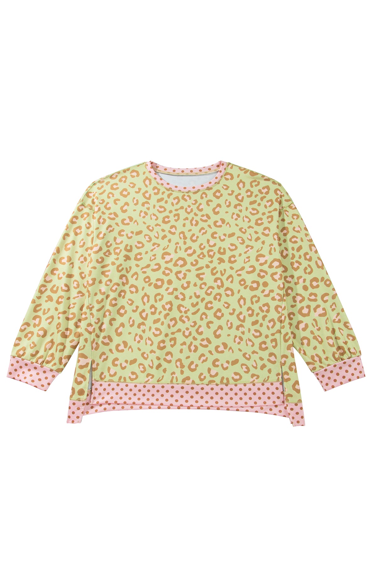 Brown Plus Size Leopard Print Contrast Polka Dot Trim Long Sleeve Top