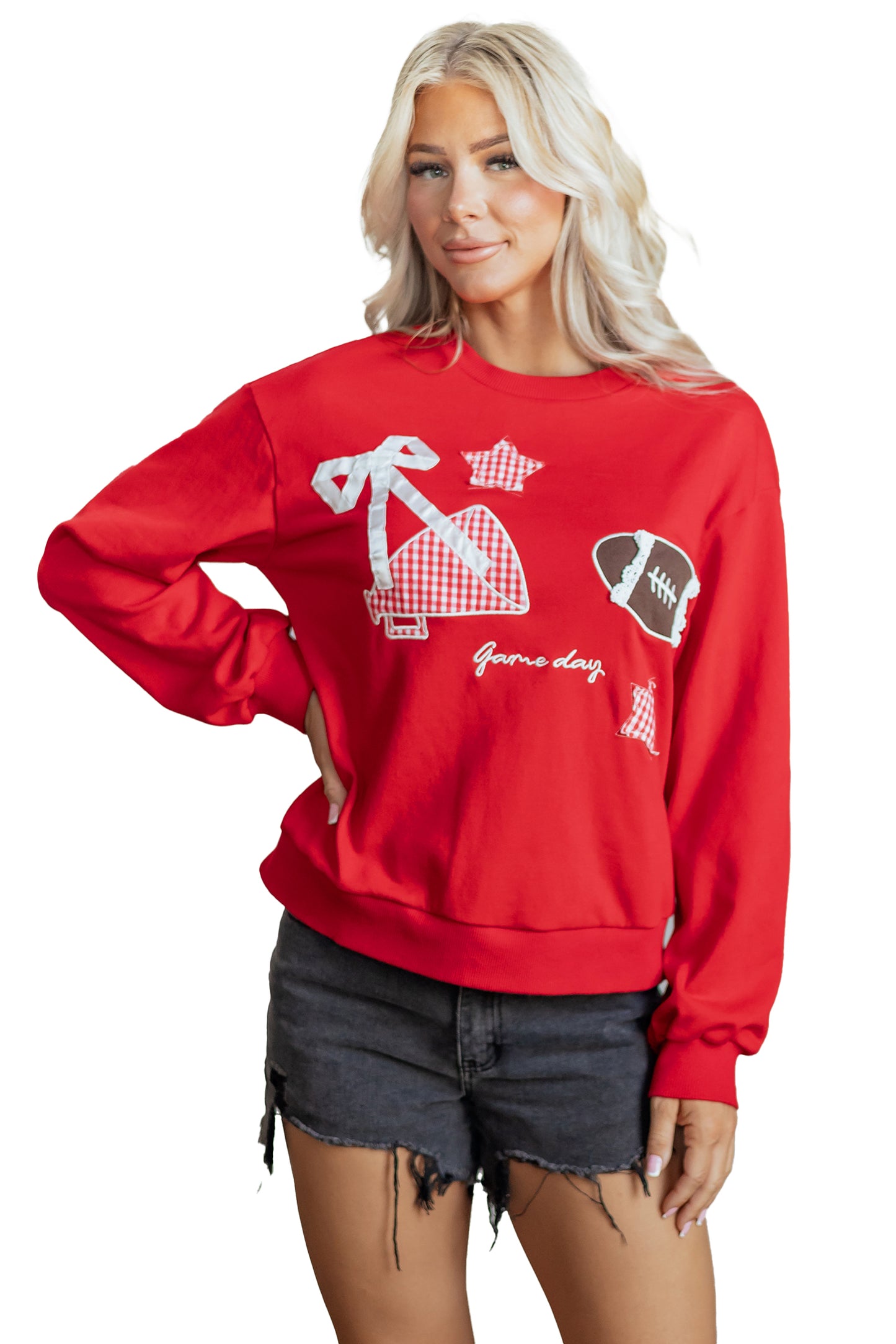 Racing Red Gingham Patch Embroidered Rugby Game Day Stars Sweatshirt