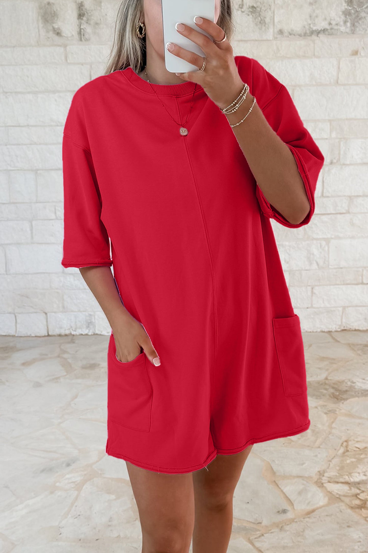Pink Solid Color Raw Edge Half Sleeve Pocketed Loose Romper