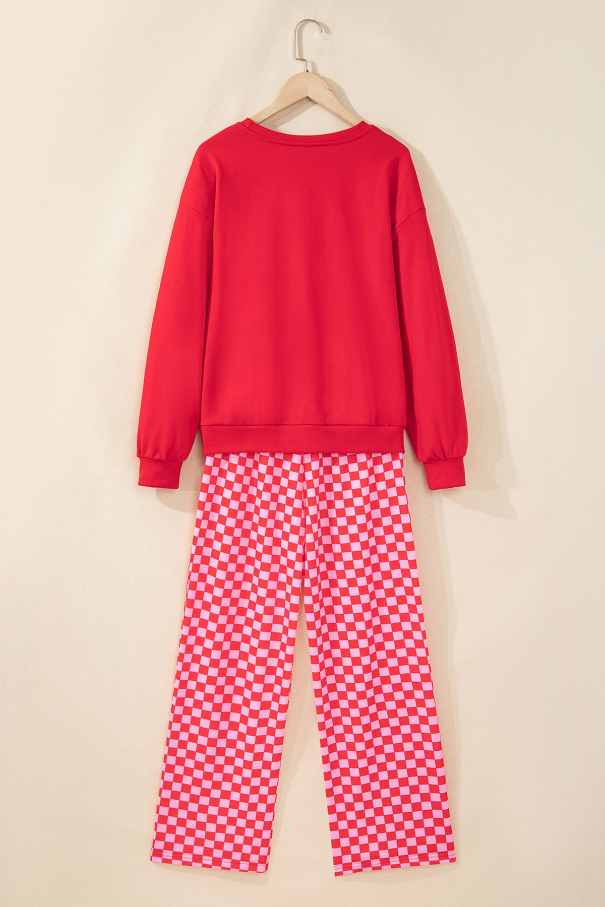 Pink Christmas Slogan Graphic Plaid Contrast Two-piece Pant Set