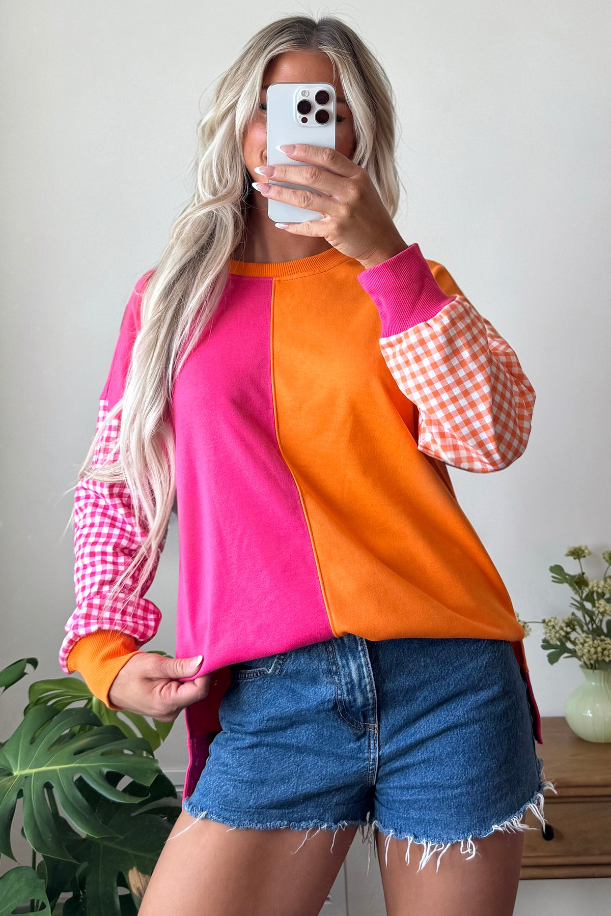 Rose Red Colorblock Gingham Sleeve Crewneck Sweatshirt