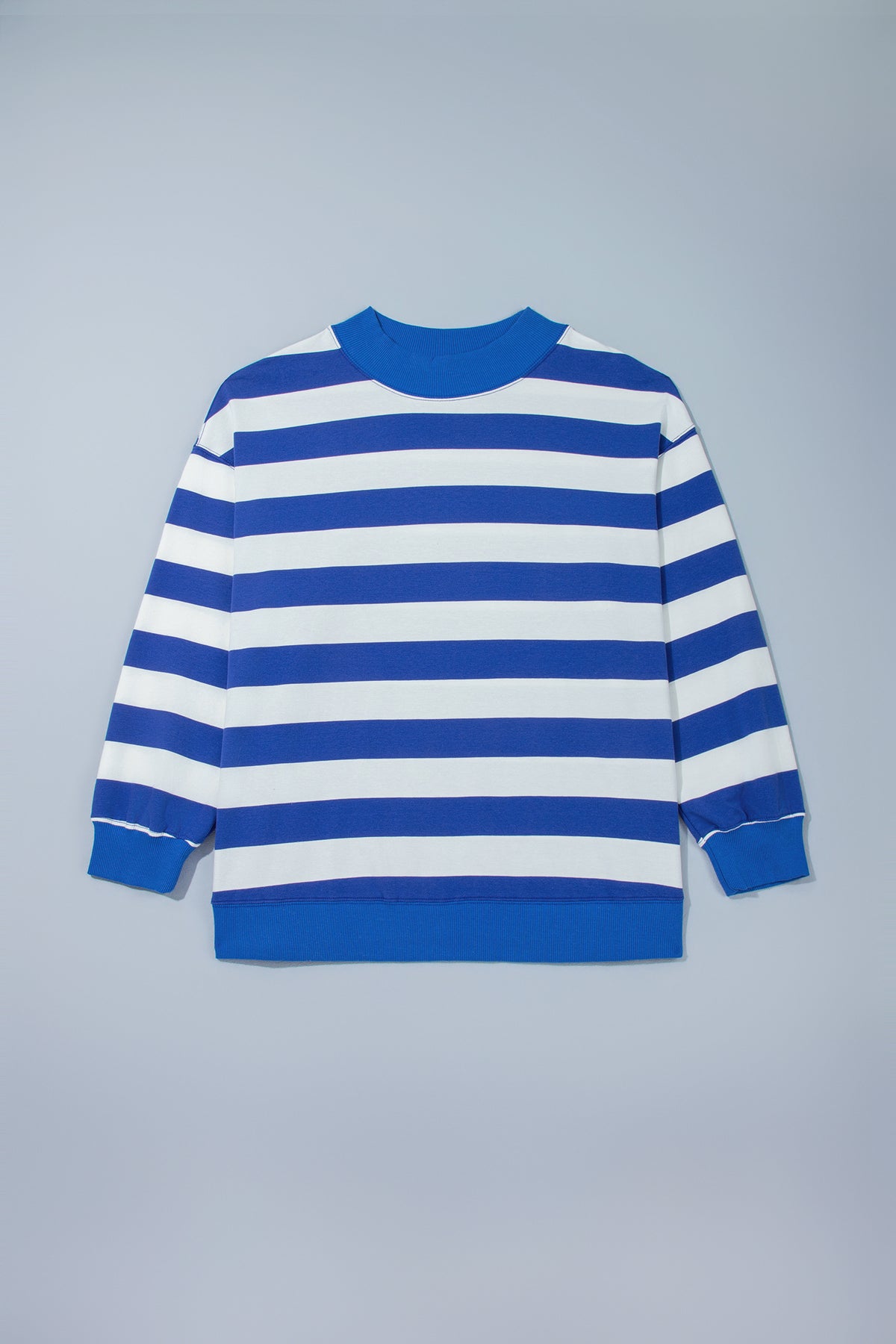 Blue Stripe Ribbed Trim Stand Neck Dropped Shoulder Plus Size Sweatshirt
