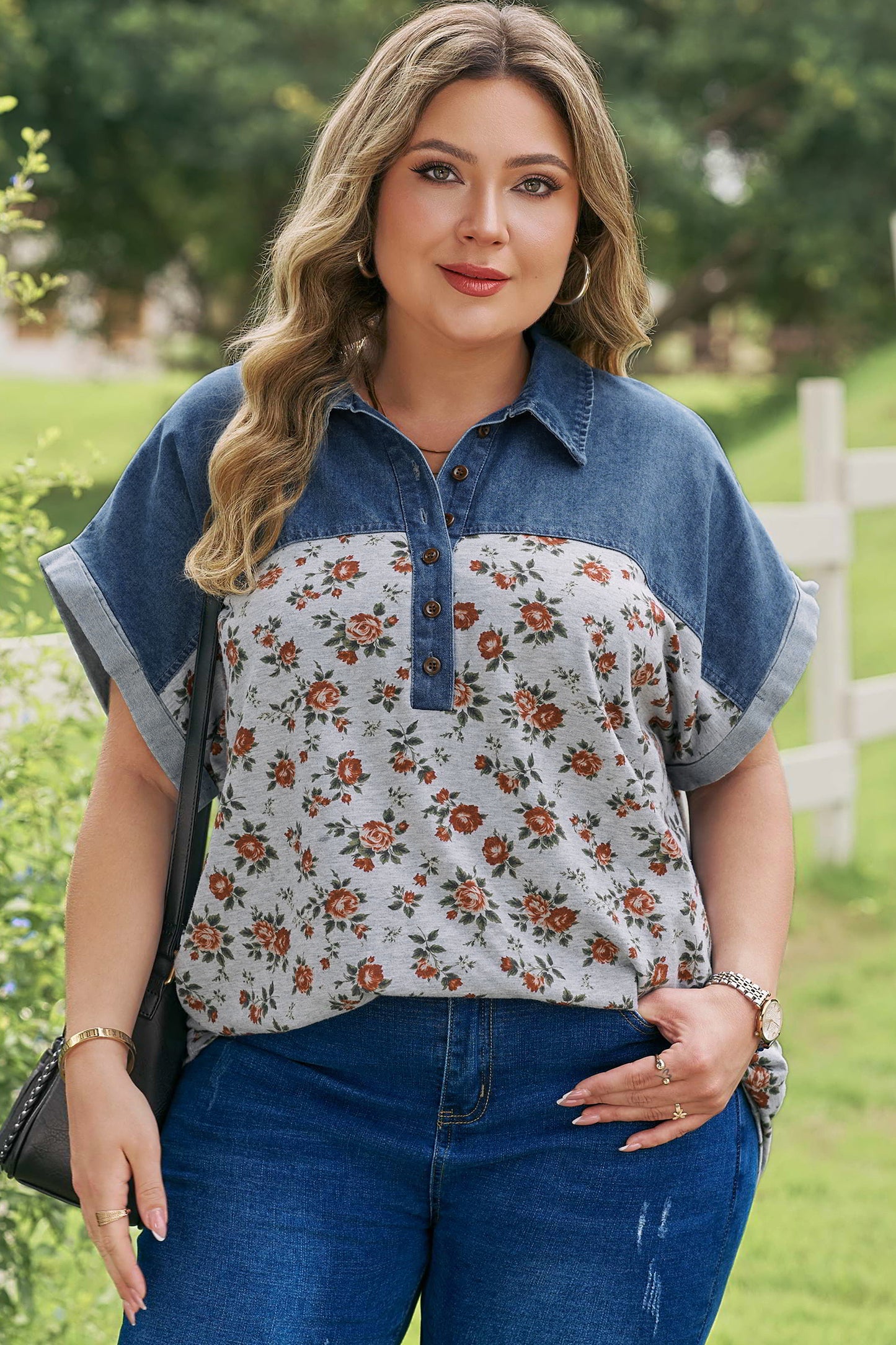 Gray Retro Floral Print Denim Patchwork Plus Size Polo Tee