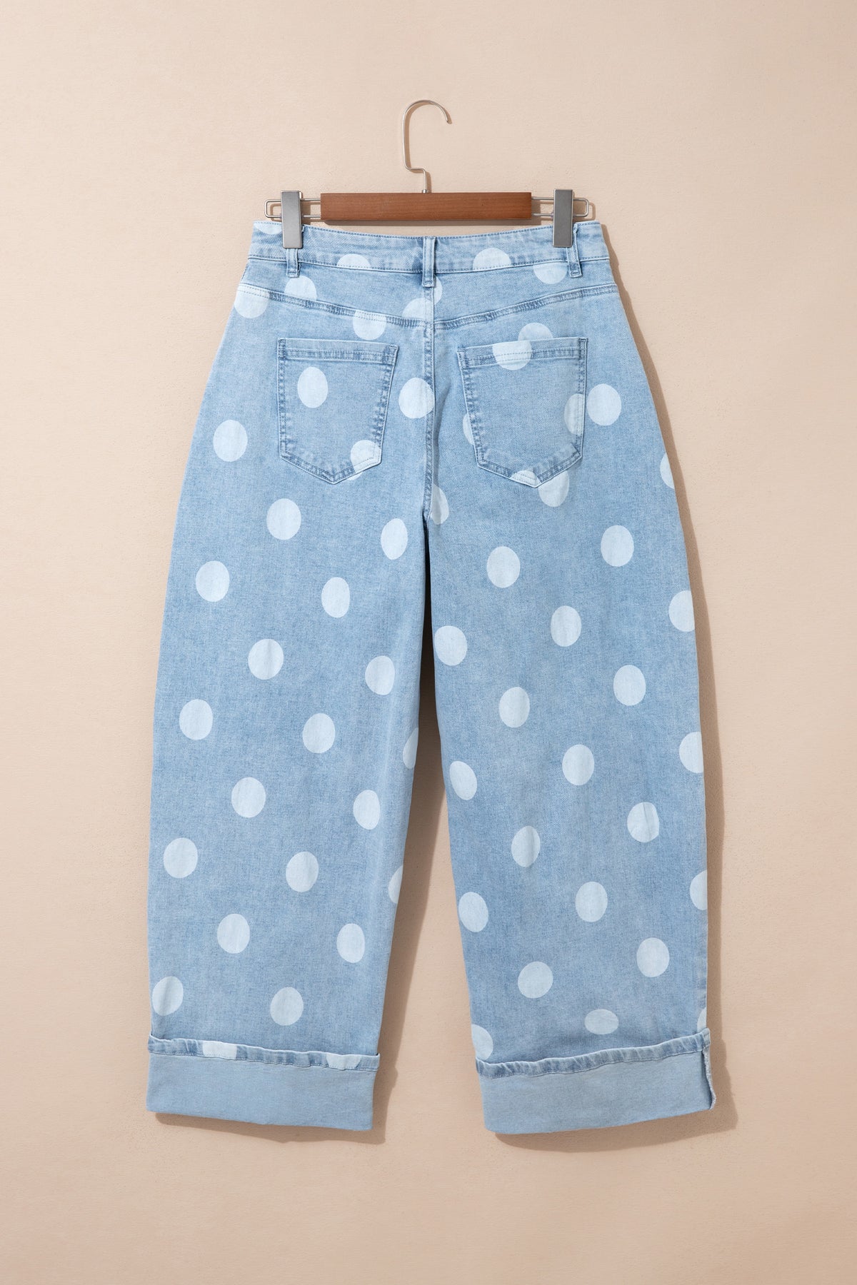 Sky Blue Polka Dot Ankle-Length Metal Button Casual Jeans