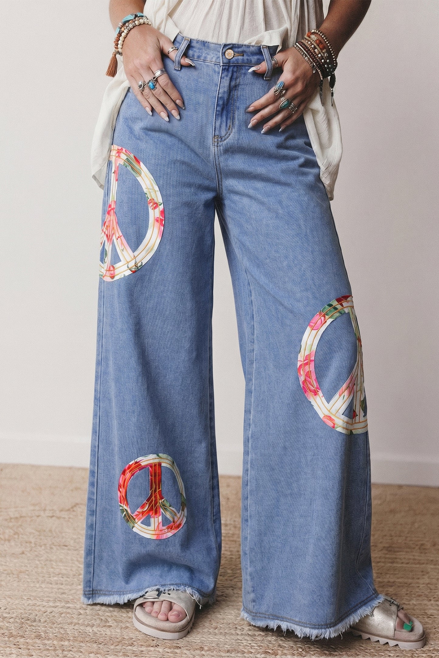 Myosotis Floral Peace Sign Embroidered Patch Wide Leg Jeans