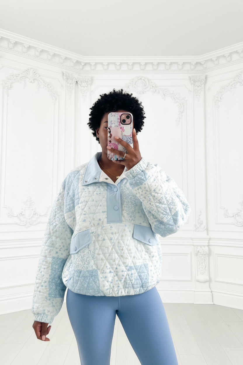 Multicolour Floral Quilted Half Button Pocketed Pullover Sweatshirt