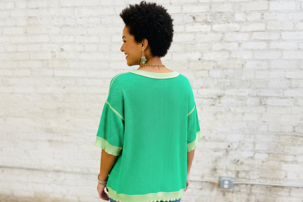 Mint Green Loose Uneven Hem Twist Ribbed T Shirt