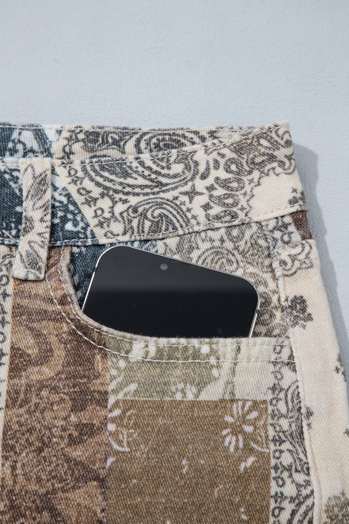 Khaki Patchwork Print Casual Shift Jeans