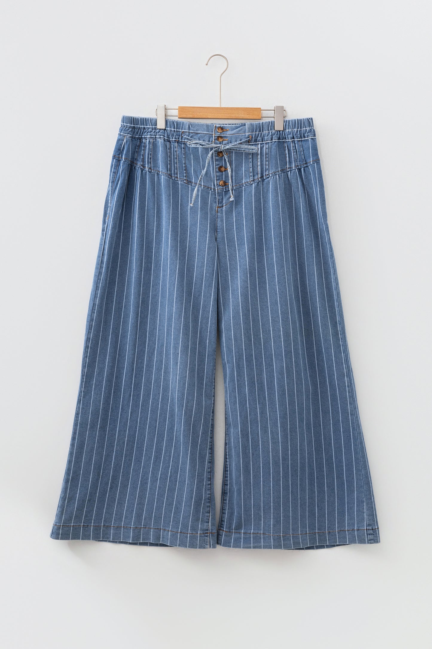 Sky Blue Stripe Plus Size Buttoned Loose Wide Leg Denim Pants