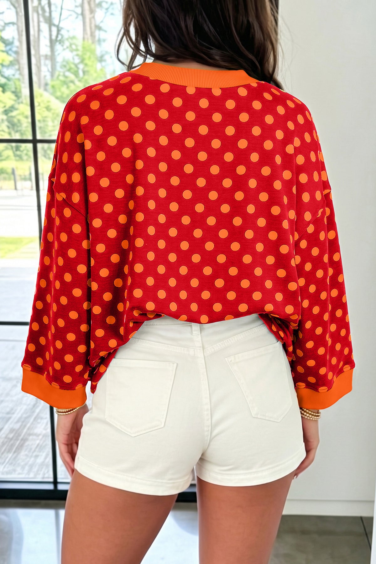 Blue Polka Dot Print Contrast Trim Round Neck Bracelet Sleeve Top