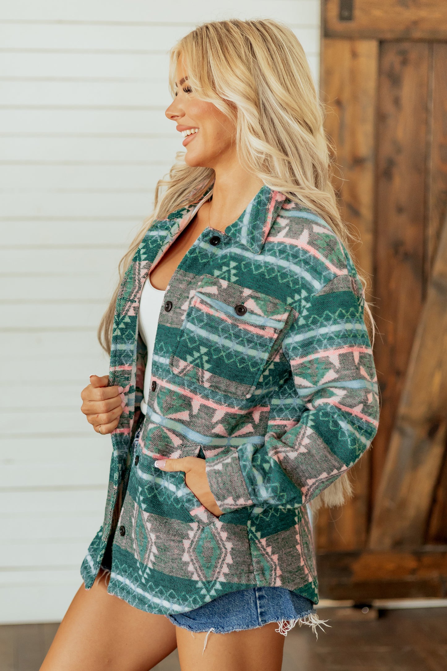 Green Geometric Print Button Front Long Sleeve Shacket
