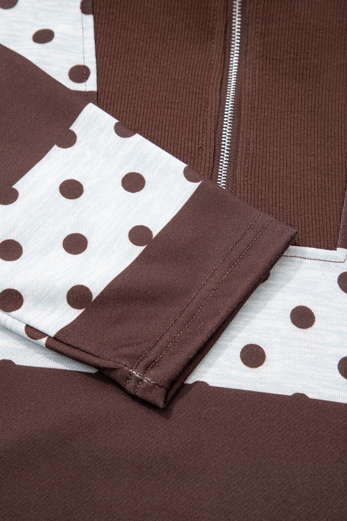 Brown Stripe Patchwork Polka Dot Accent Quarter Zip Long Sleeve Top