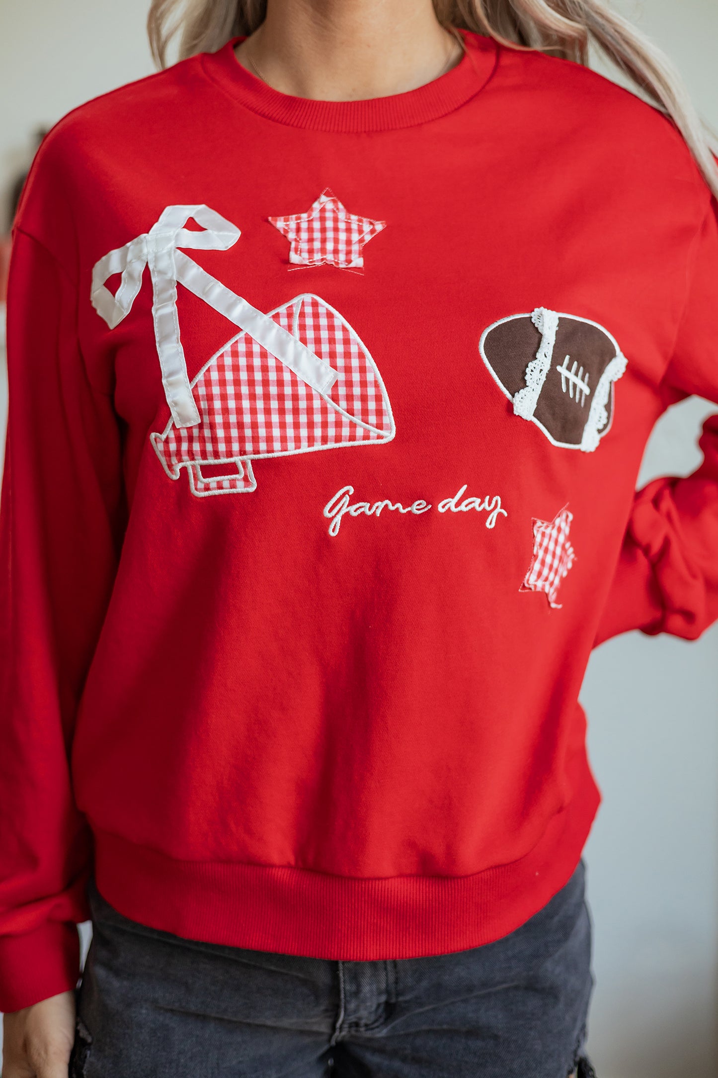 Racing Red Gingham Patch Embroidered Rugby Game Day Stars Sweatshirt