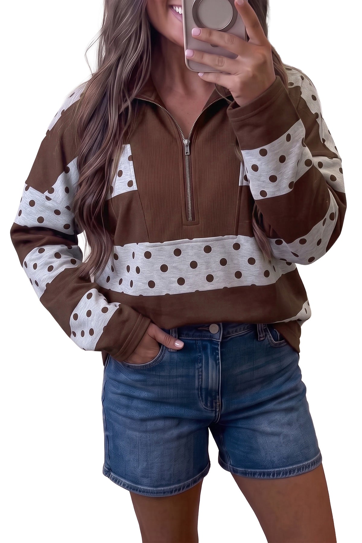 Brown Stripe Patchwork Polka Dot Accent Quarter Zip Long Sleeve Top
