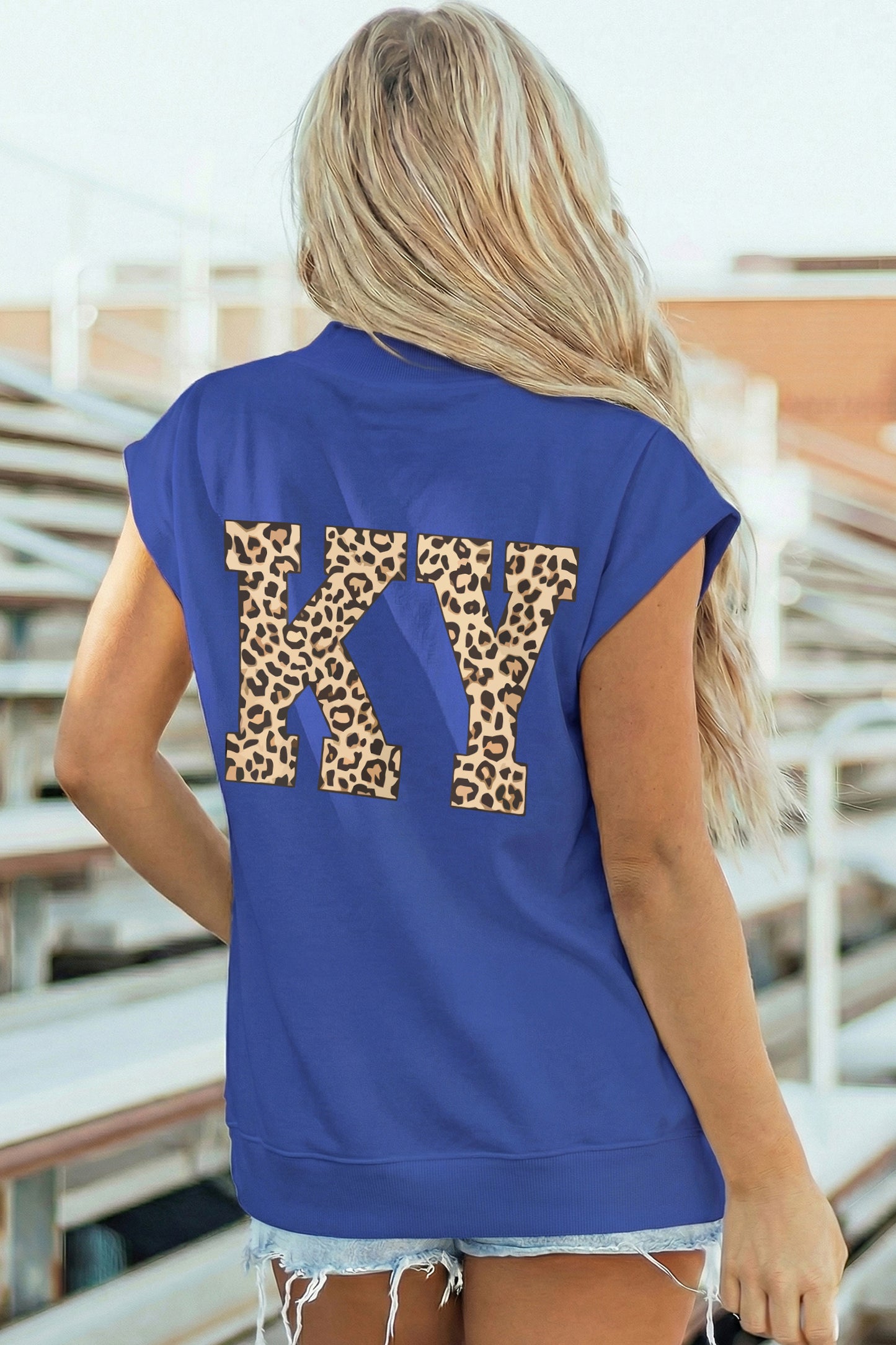 Sky Blue KENTUCKY Leopard KY Double Side Printed Mock Neck Tee