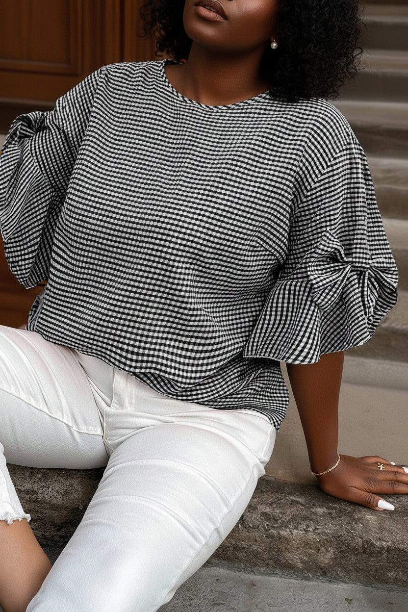 Black Plus Size Plaid Bow Decor Bell Sleeve Round Neck Jumper