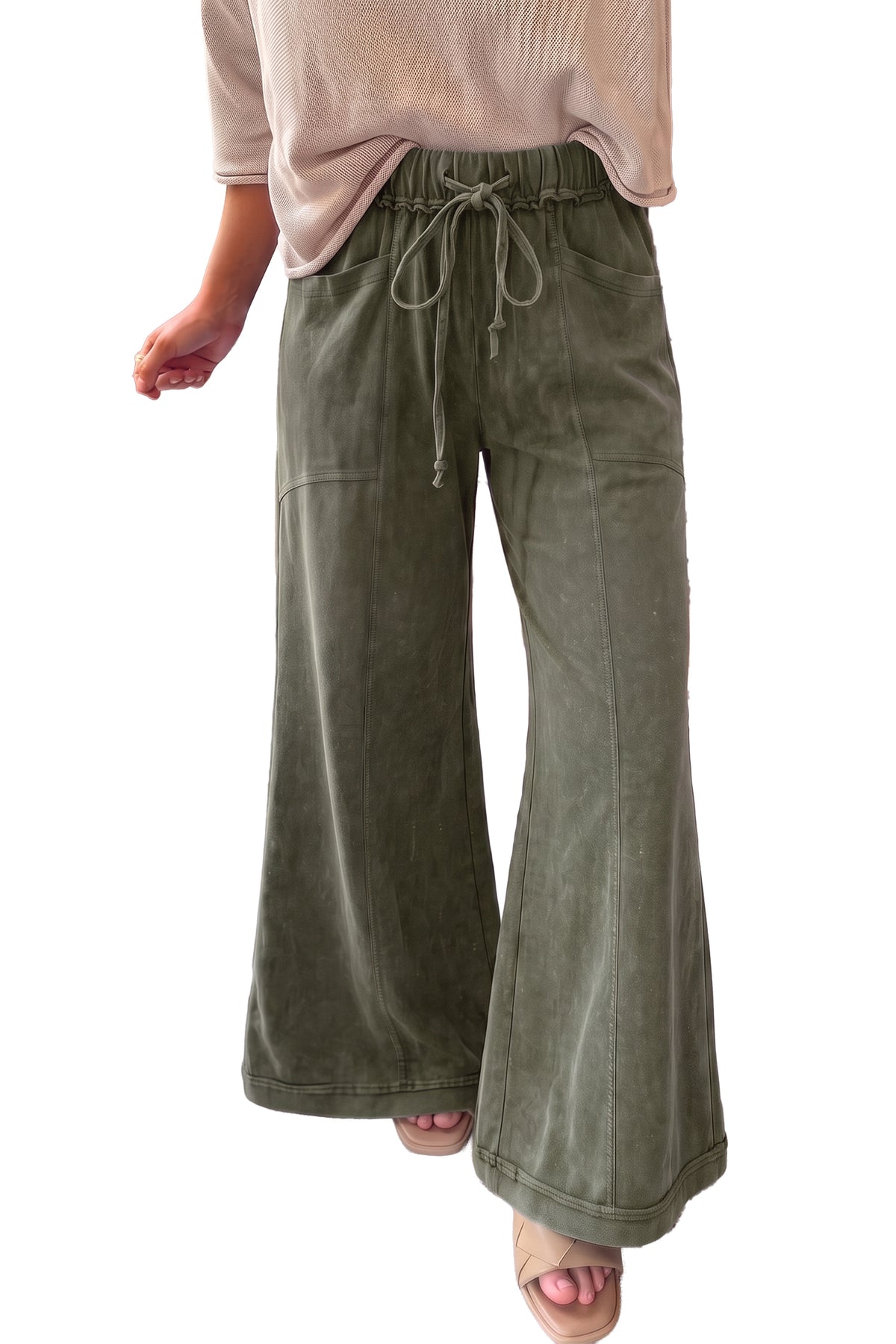 Jungle Green Mineral Wash Seam Detail Flare Leg Drawstring Pants