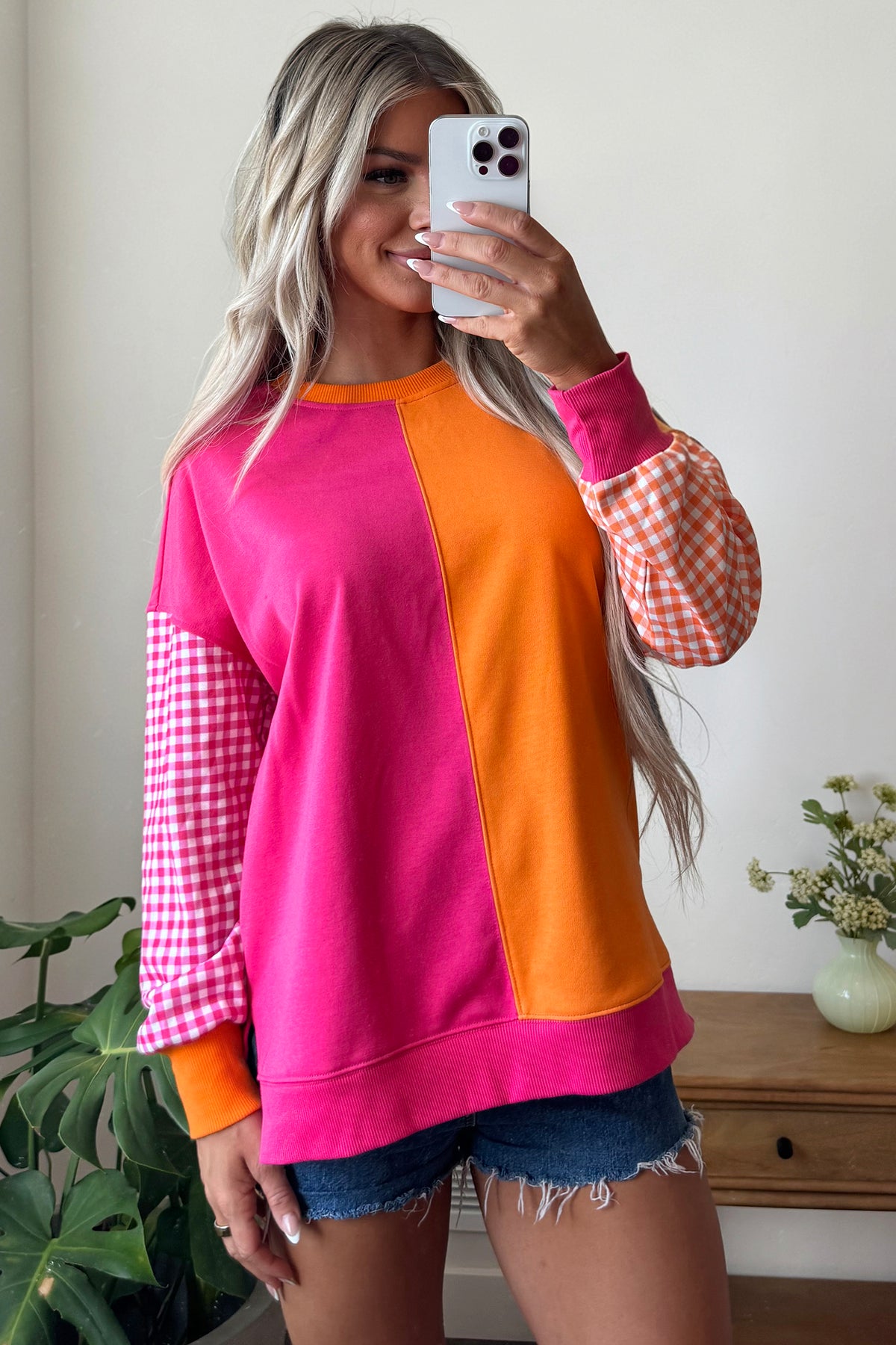 Rose Red Colorblock Gingham Sleeve Crewneck Sweatshirt