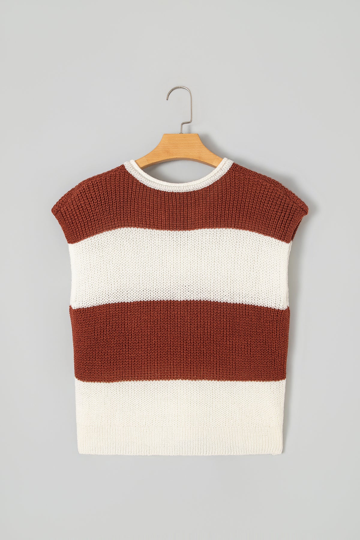 Brown Stripe Striped Colorblock Knit V Neck Short Sleeve Loose Sweater