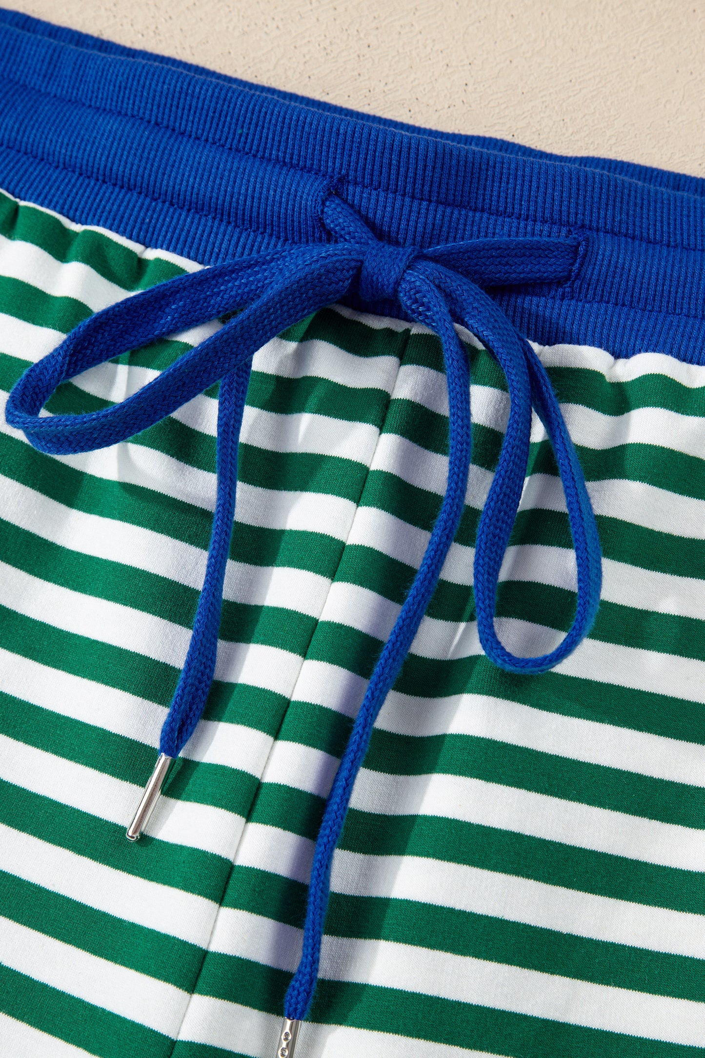 Green Stripe Boxy Tee Drawstring Elastic Waist Plus Size Short Set