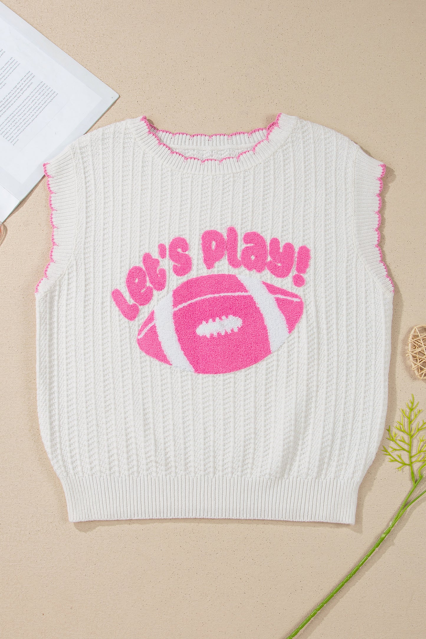 White Lets Play Rugby Pattern Textured Knit Casual Shift Sweater Vest