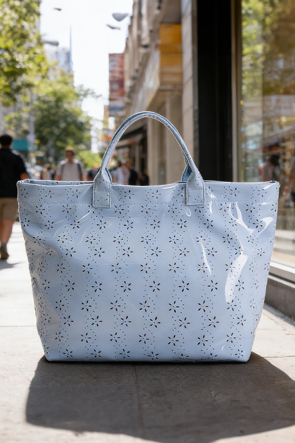 Orchid Eyelet Flower Pattern PVC Glossy Waterproof Tote Bag