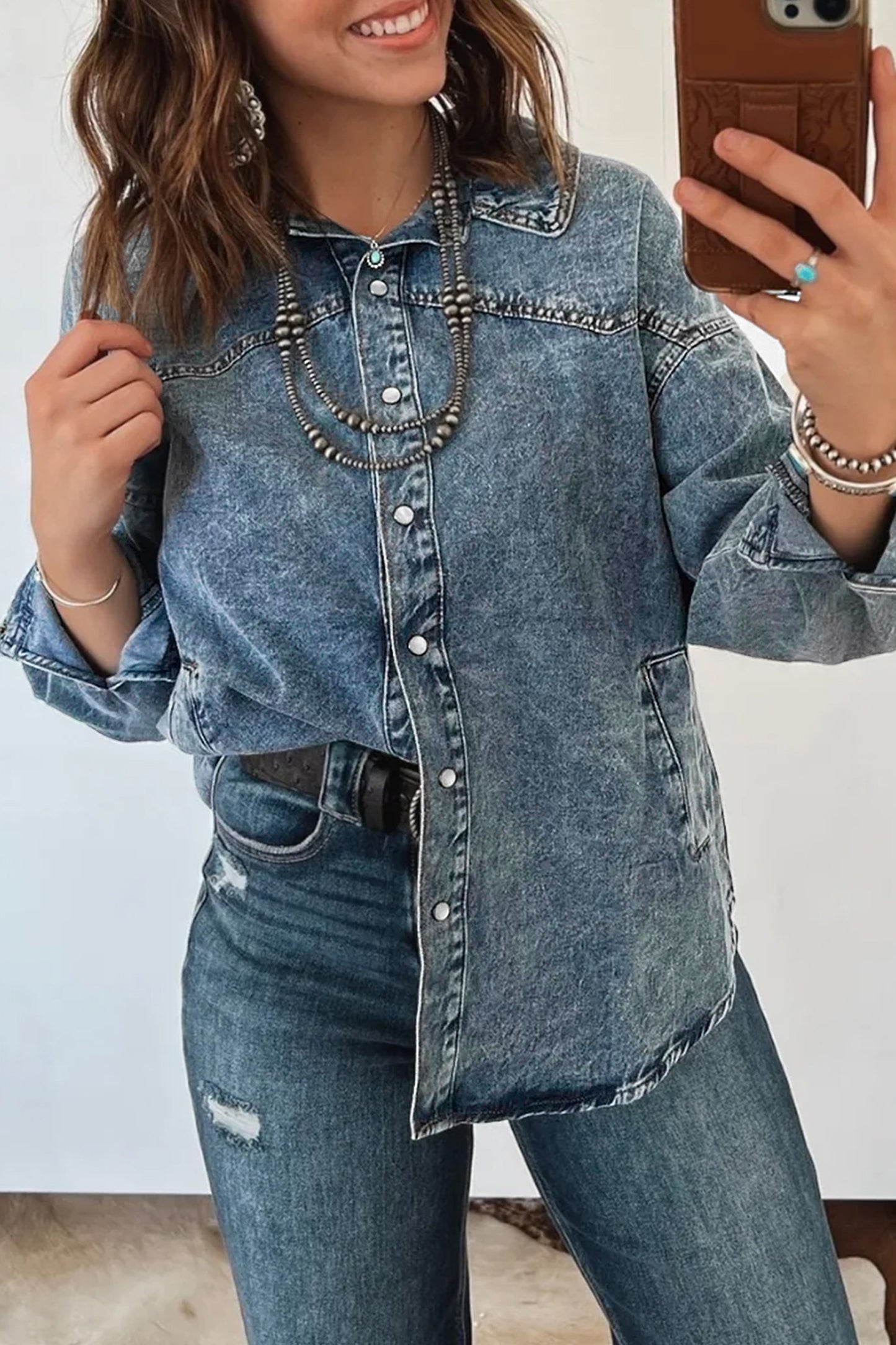 Dusk Blue Western Long Sleeve Shirt Collar Tunic Denim Jacket