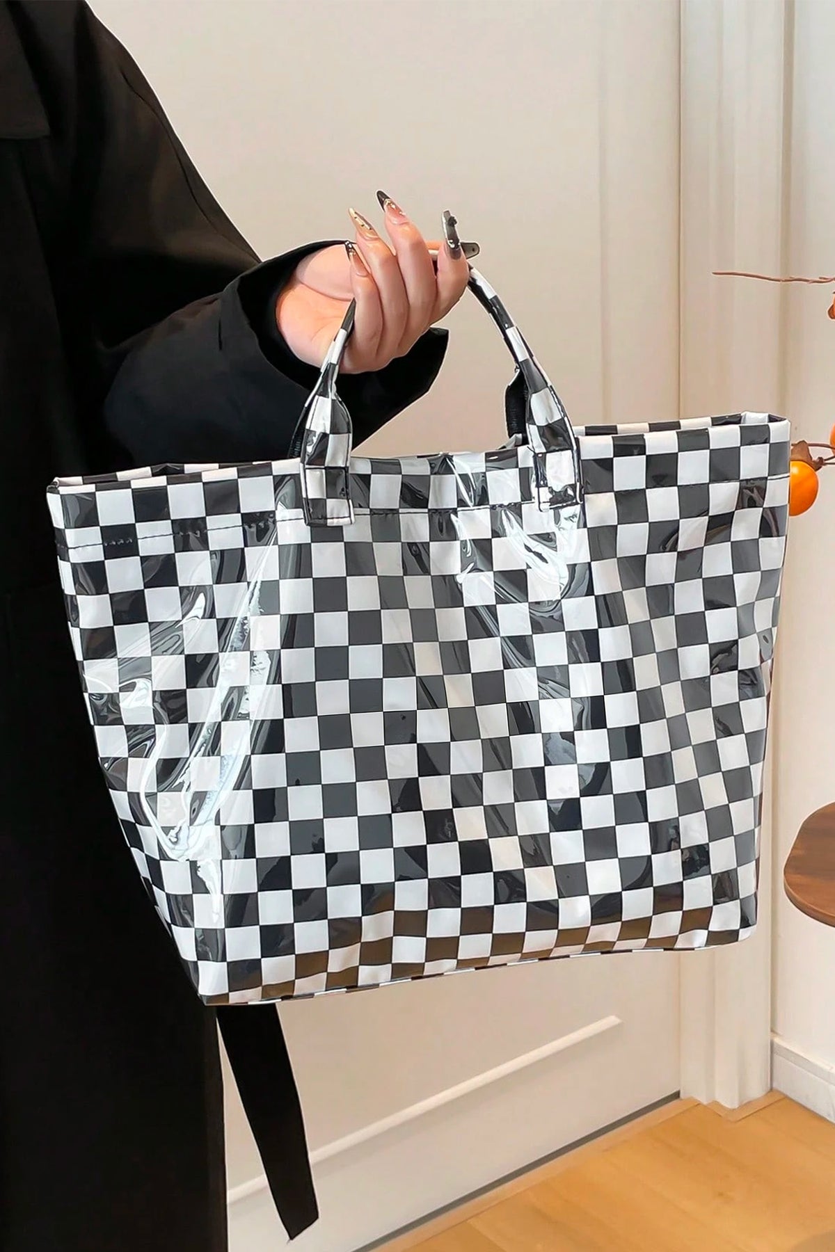 Orchid Eyelet Flower Pattern PVC Glossy Waterproof Tote Bag