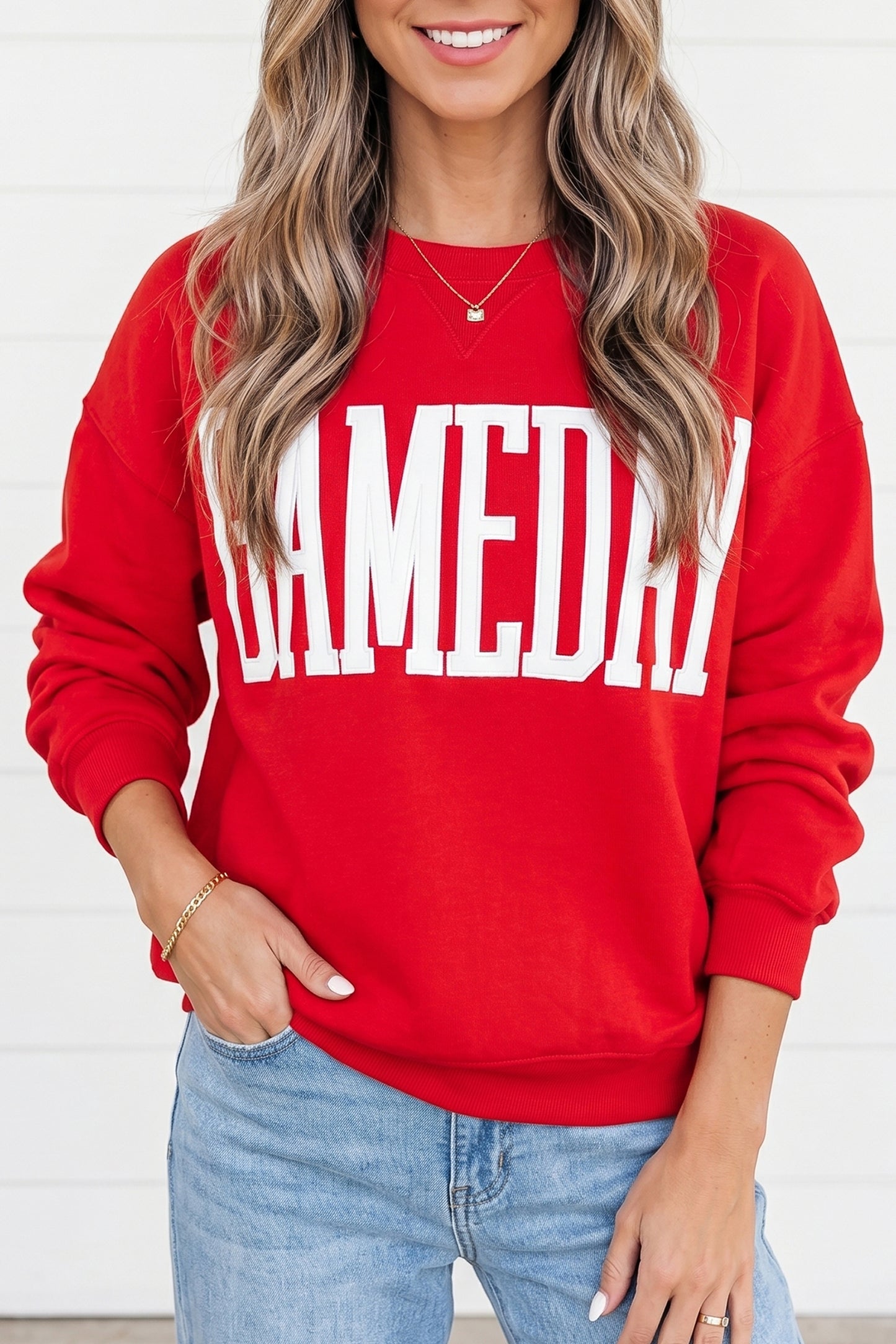 Fiery Red GAMEDAY Embroidered Patch Pattern Casual Shift Sweatshirt