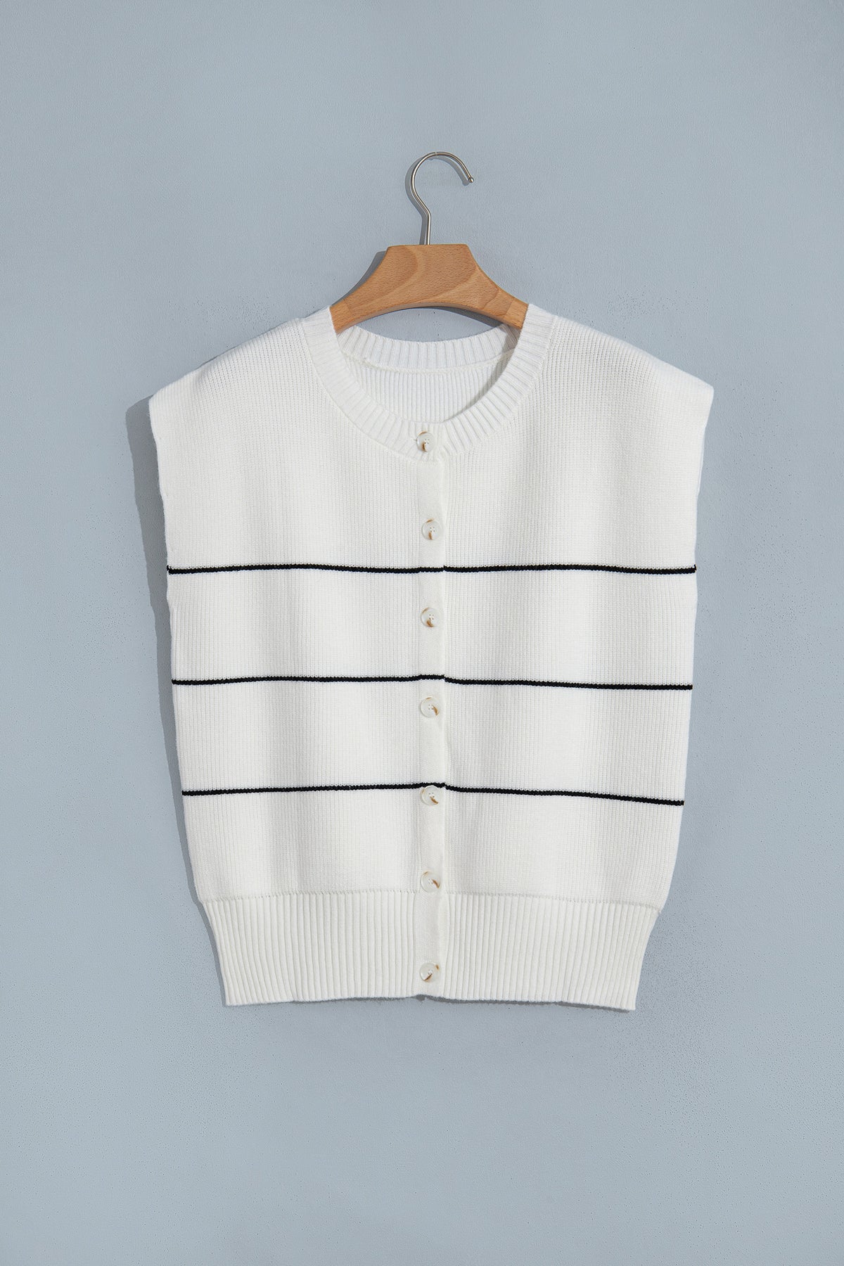 White Stripe Short Sleeve Button Front Shift Cardigan