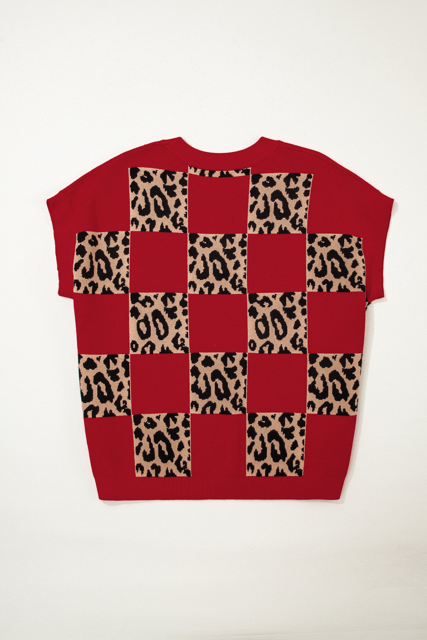 Red Plus Size Leopard Contrasted Checkered Short Sleeve Sweater