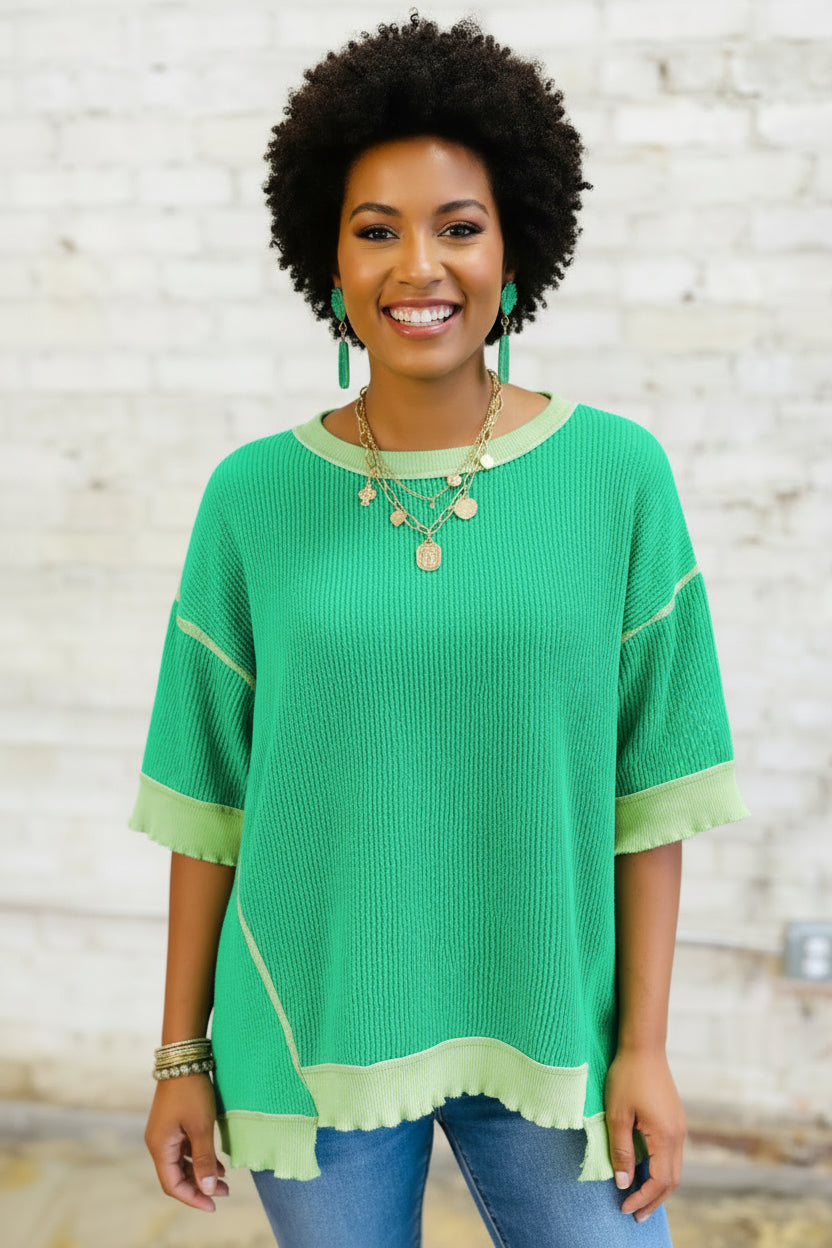 Mint Green Loose Uneven Hem Twist Ribbed T Shirt