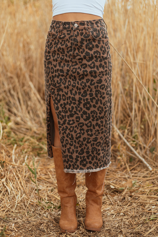 Brown Leopard Print Side Split Frayed Hem Denim Midi Skirt