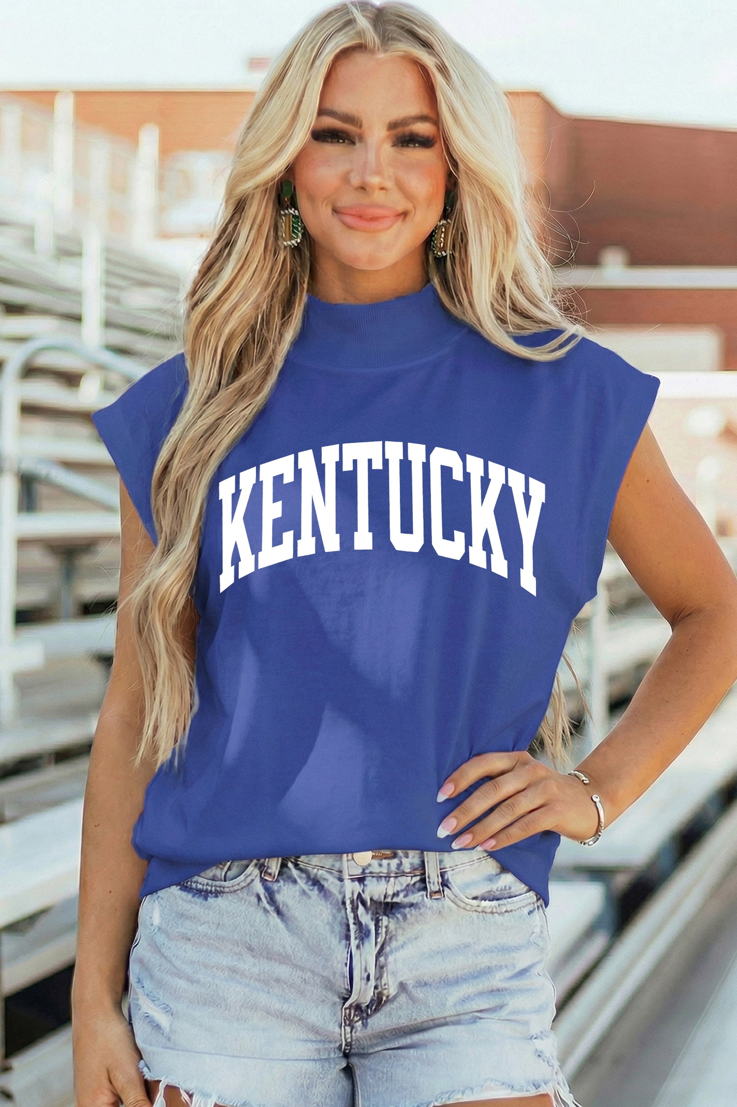Sky Blue KENTUCKY Leopard KY Double Side Printed Mock Neck Tee