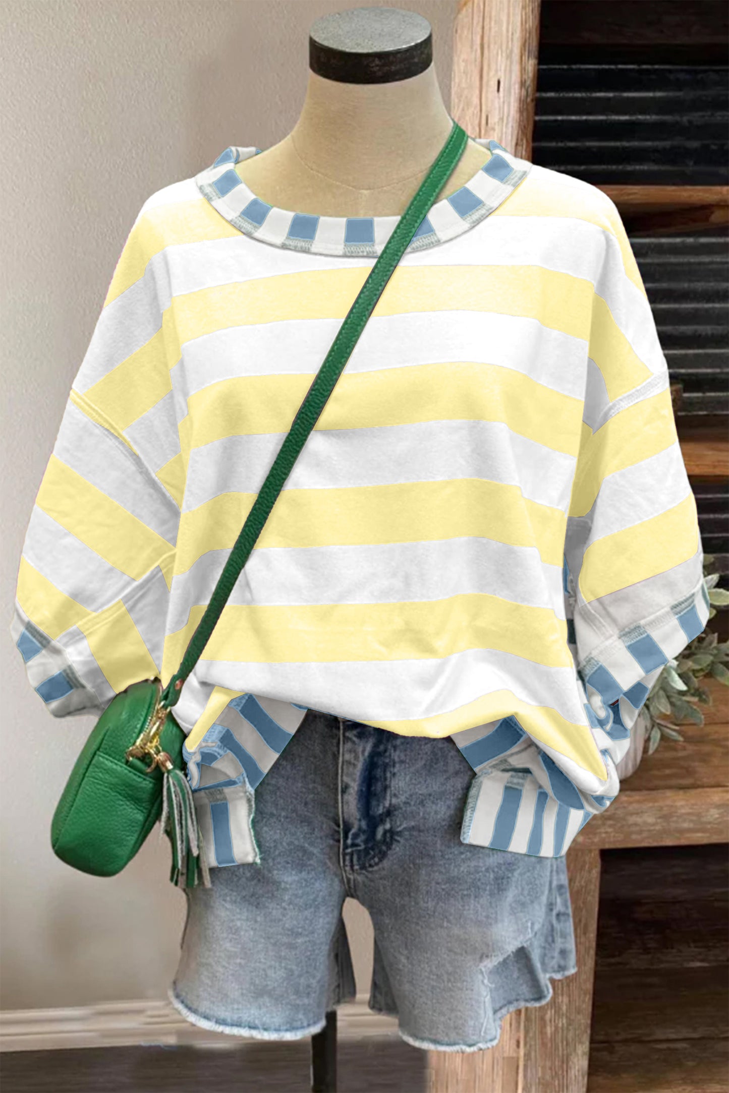 Pink Stripe Exposed Seam Contrast Patchwork Oversized Top