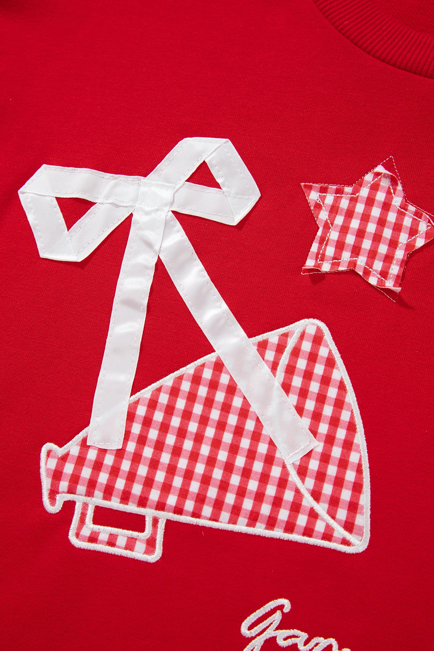 Racing Red Gingham Patch Embroidered Rugby Game Day Stars Sweatshirt