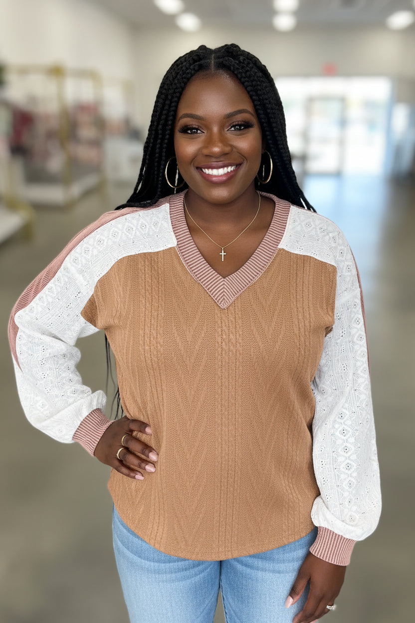 Coffee V Neck Lace Sleeve Patchwork Plus Size Blouse