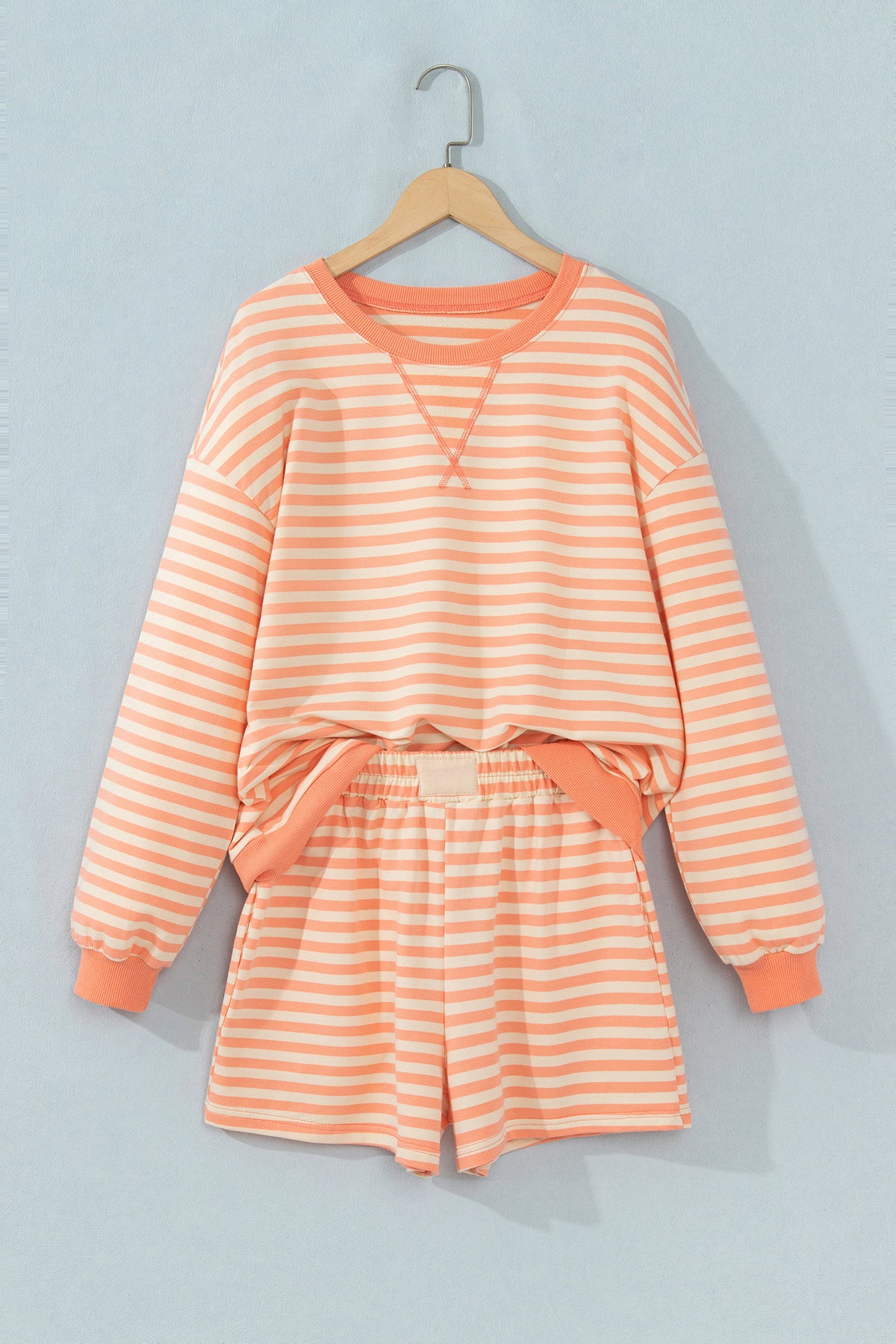 Grapefruit Orange Drop Shoulder Long Sleeve Pullover Elastic Waist Casual Short Set