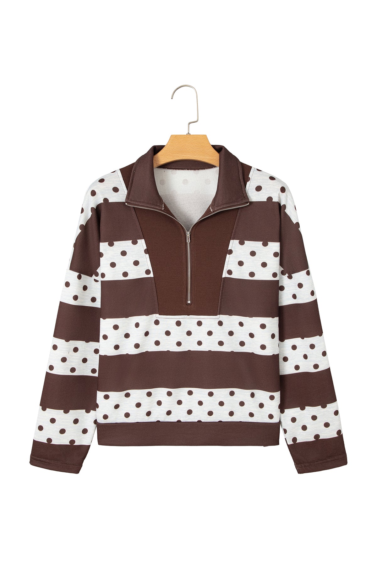 Brown Stripe Patchwork Polka Dot Accent Quarter Zip Long Sleeve Top
