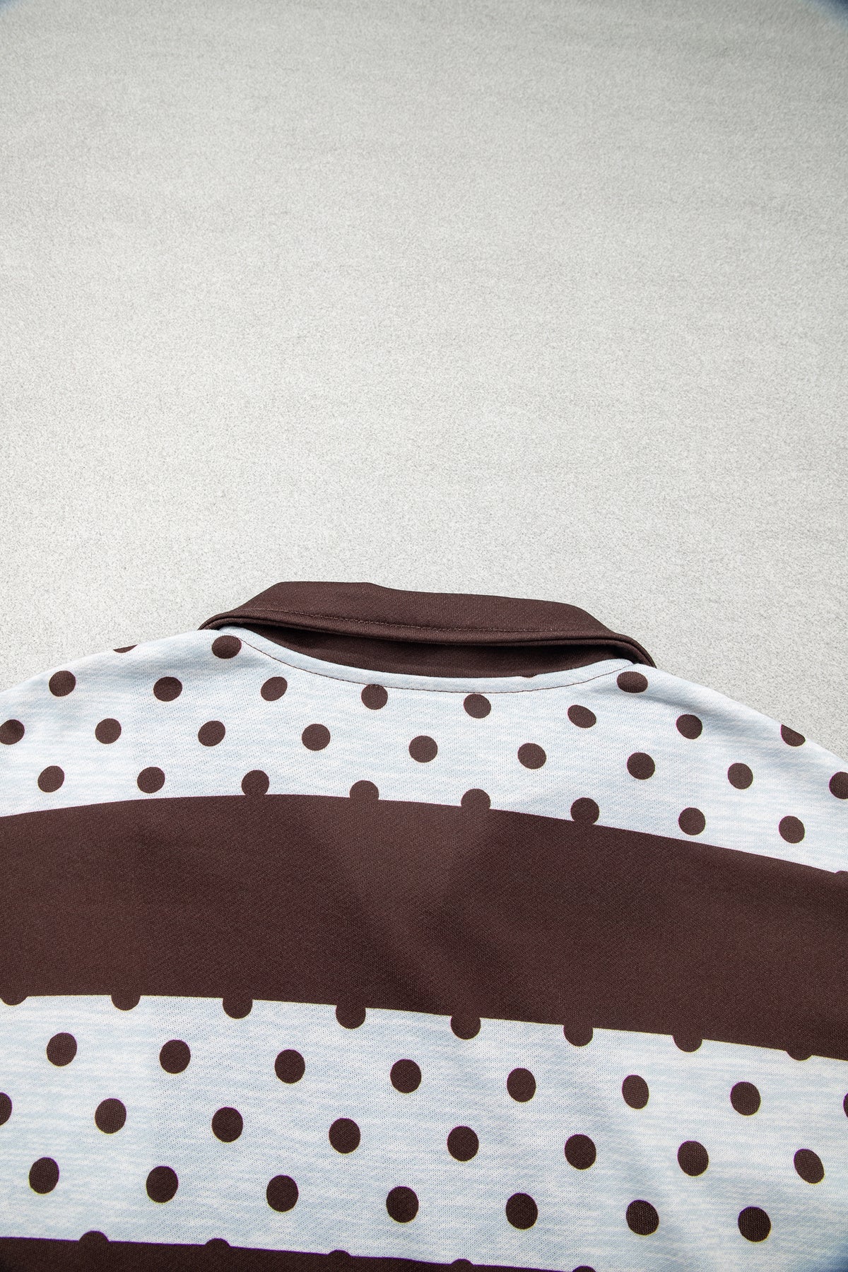 Brown Stripe Patchwork Polka Dot Accent Quarter Zip Long Sleeve Top